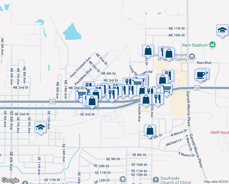 map of restaurants, bars, coffee shops, grocery stores, and more near 2505 Northeast 2nd Street in Mineral Wells