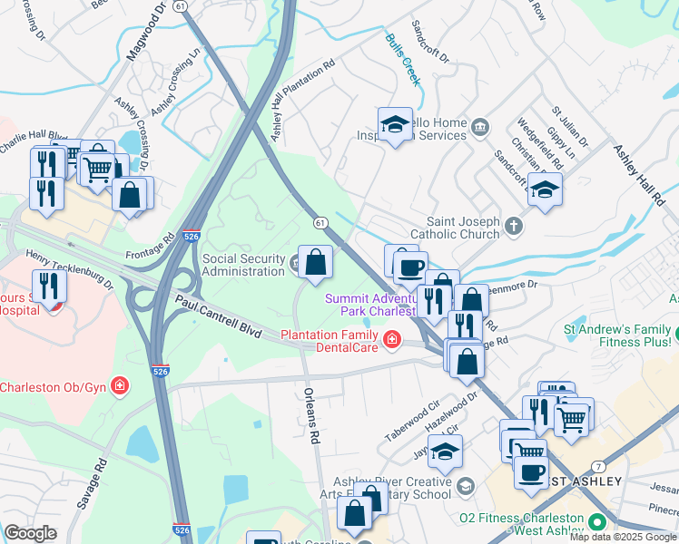 map of restaurants, bars, coffee shops, grocery stores, and more near 1460 Tobias Gadson Boulevard in Charleston