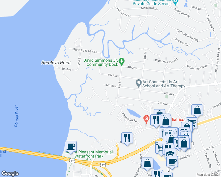 map of restaurants, bars, coffee shops, grocery stores, and more near 173 6th Avenue in Mount Pleasant