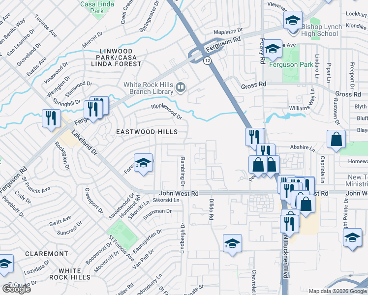 map of restaurants, bars, coffee shops, grocery stores, and more near 9135 Sweetwater Drive in Dallas