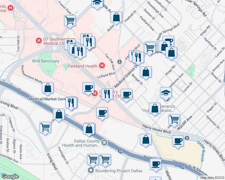 map of restaurants, bars, coffee shops, grocery stores, and more near 2021 Medical District Drive in Dallas