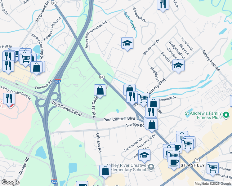 map of restaurants, bars, coffee shops, grocery stores, and more near 2029 Ashley River Road in Charleston