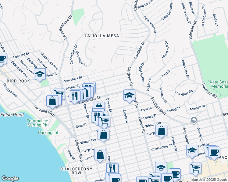 map of restaurants, bars, coffee shops, grocery stores, and more near 1148 Turquoise Street in San Diego