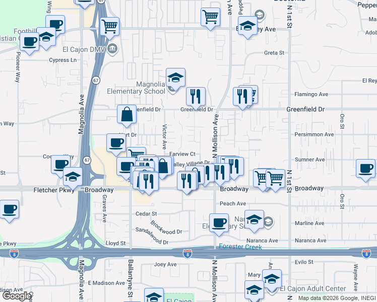 map of restaurants, bars, coffee shops, grocery stores, and more near 1135 Farview Court in El Cajon