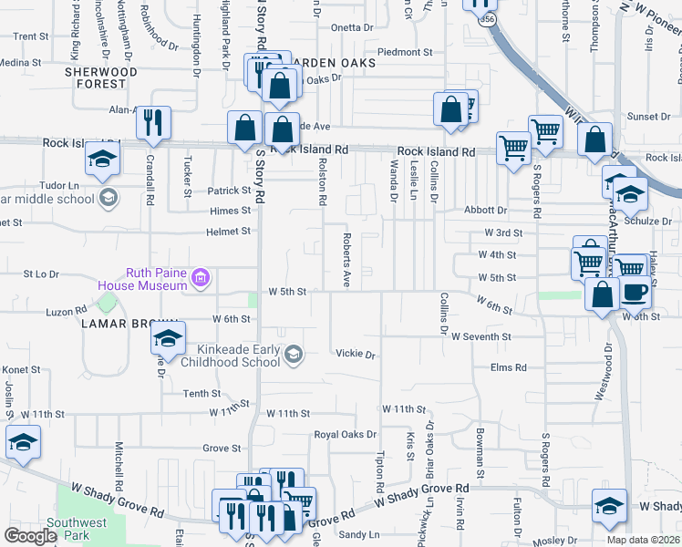 map of restaurants, bars, coffee shops, grocery stores, and more near 402 Roberts Avenue in Irving