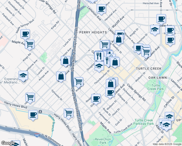map of restaurants, bars, coffee shops, grocery stores, and more near 2801 Knight Street in Dallas