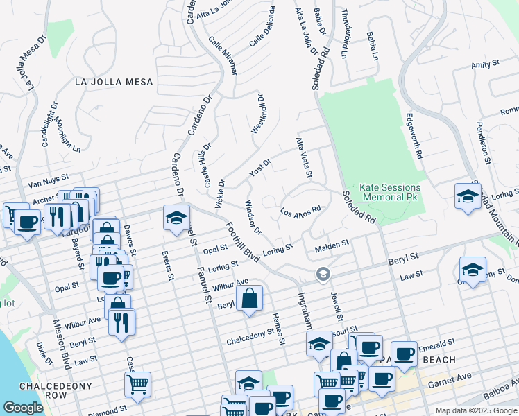 map of restaurants, bars, coffee shops, grocery stores, and more near 5121 Windsor Drive in San Diego