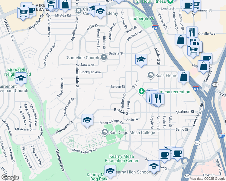 map of restaurants, bars, coffee shops, grocery stores, and more near 7114 Astoria Street in San Diego