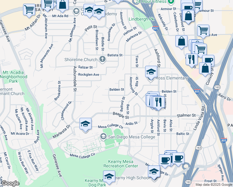 map of restaurants, bars, coffee shops, grocery stores, and more near 7170 Astoria Street in San Diego