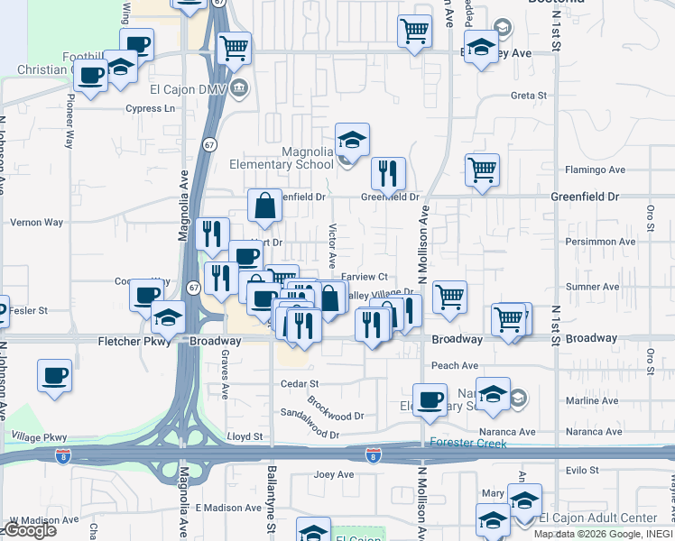 map of restaurants, bars, coffee shops, grocery stores, and more near 602 Farview Street in El Cajon