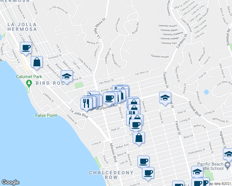 map of restaurants, bars, coffee shops, grocery stores, and more near 928 Agate Street in San Diego