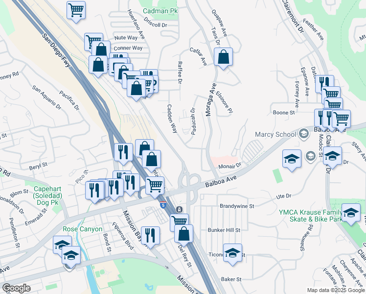 map of restaurants, bars, coffee shops, grocery stores, and more near 3309 Cadden Drive in San Diego