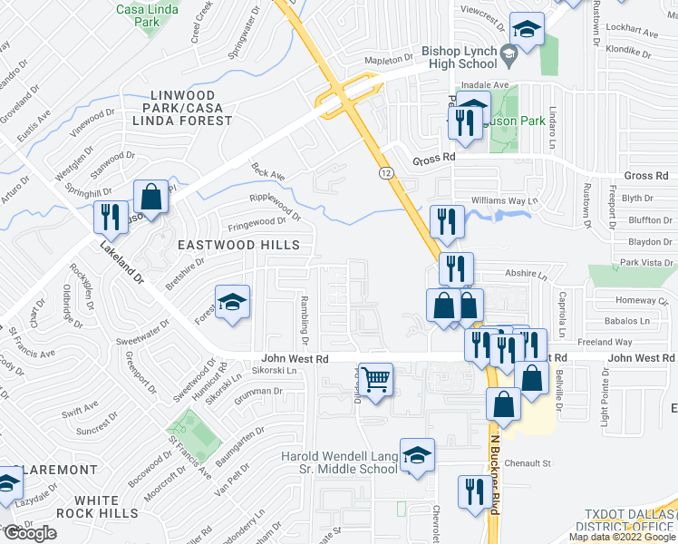 map of restaurants, bars, coffee shops, grocery stores, and more near 9218 Sweetwater Drive in Dallas
