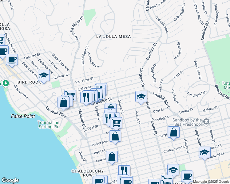 map of restaurants, bars, coffee shops, grocery stores, and more near 1075 Agate Street in San Diego