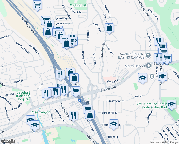 map of restaurants, bars, coffee shops, grocery stores, and more near 3309 Cadden Drive in San Diego