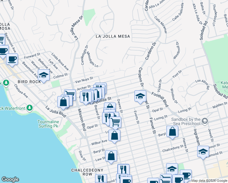 map of restaurants, bars, coffee shops, grocery stores, and more near 1124 Agate Street in San Diego