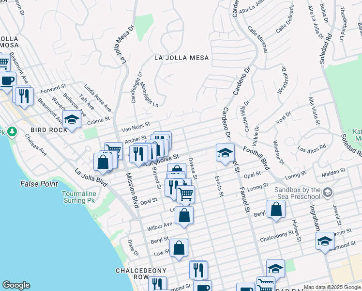 map of restaurants, bars, coffee shops, grocery stores, and more near 1044 Agate Street in San Diego