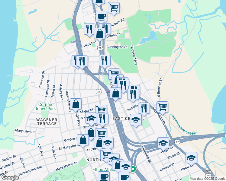 map of restaurants, bars, coffee shops, grocery stores, and more near 3 Achurch Avenue in Charleston