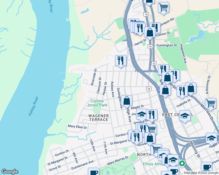 map of restaurants, bars, coffee shops, grocery stores, and more near 146 Sans Souci Street in Charleston