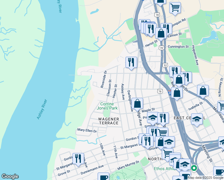 map of restaurants, bars, coffee shops, grocery stores, and more near 47 Clemson Street in Charleston