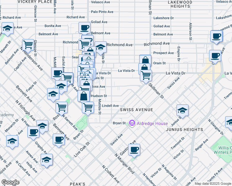 map of restaurants, bars, coffee shops, grocery stores, and more near 5908 Ross Avenue in Dallas