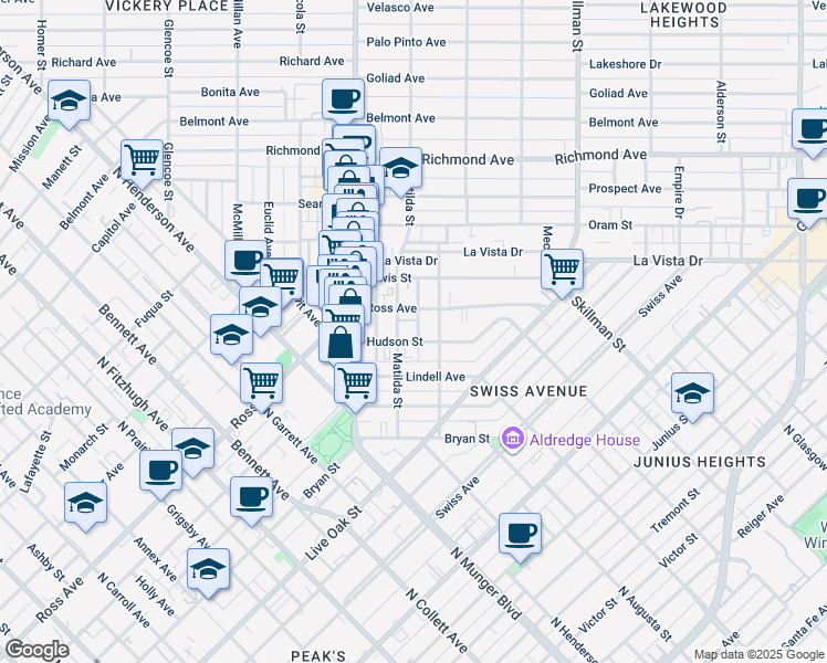 map of restaurants, bars, coffee shops, grocery stores, and more near 5714 Ross Avenue in Dallas