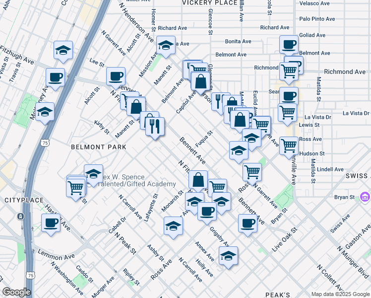map of restaurants, bars, coffee shops, grocery stores, and more near 4977 Zuma Court in Dallas