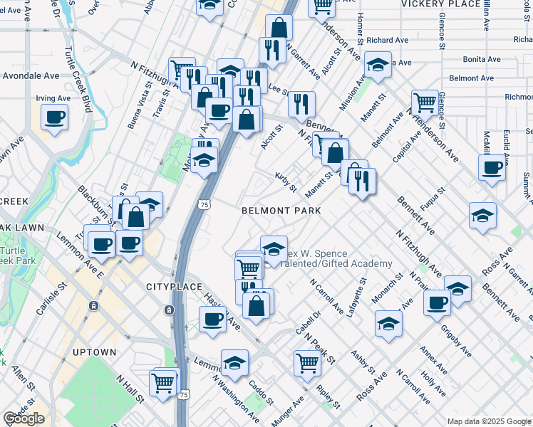 map of restaurants, bars, coffee shops, grocery stores, and more near in Dallas