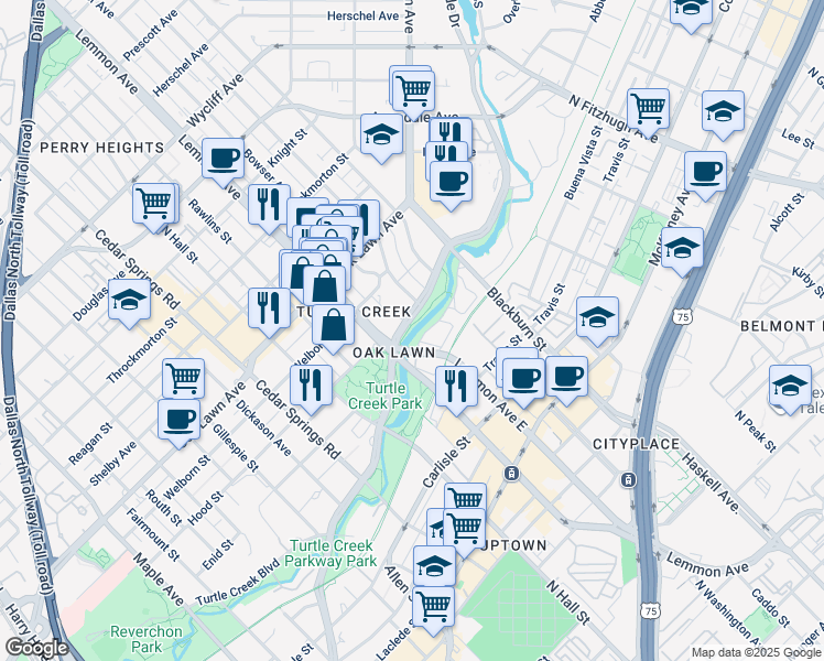 map of restaurants, bars, coffee shops, grocery stores, and more near 3525 Turtle Creek Boulevard in Dallas