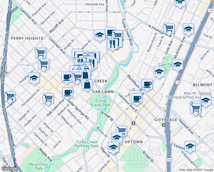 map of restaurants, bars, coffee shops, grocery stores, and more near 3525 Turtle Creek Boulevard in Dallas