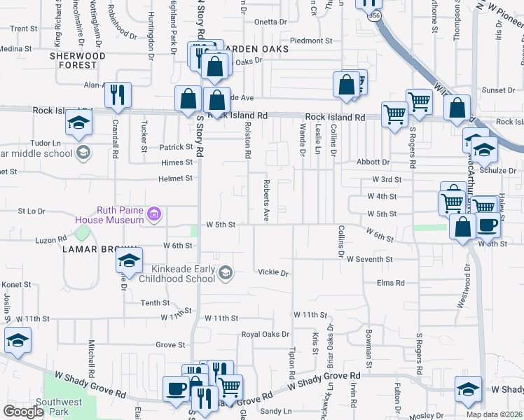 map of restaurants, bars, coffee shops, grocery stores, and more near 402 Roberts Avenue in Irving