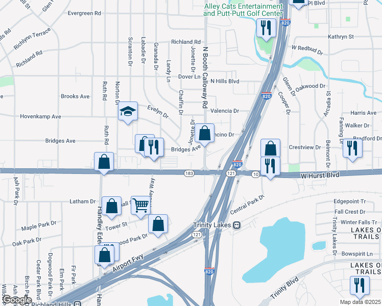 map of restaurants, bars, coffee shops, grocery stores, and more near 3400 Jonette Drive in Richland Hills