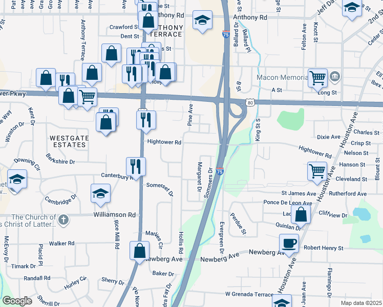 map of restaurants, bars, coffee shops, grocery stores, and more near 2840 Hollis Road in Macon