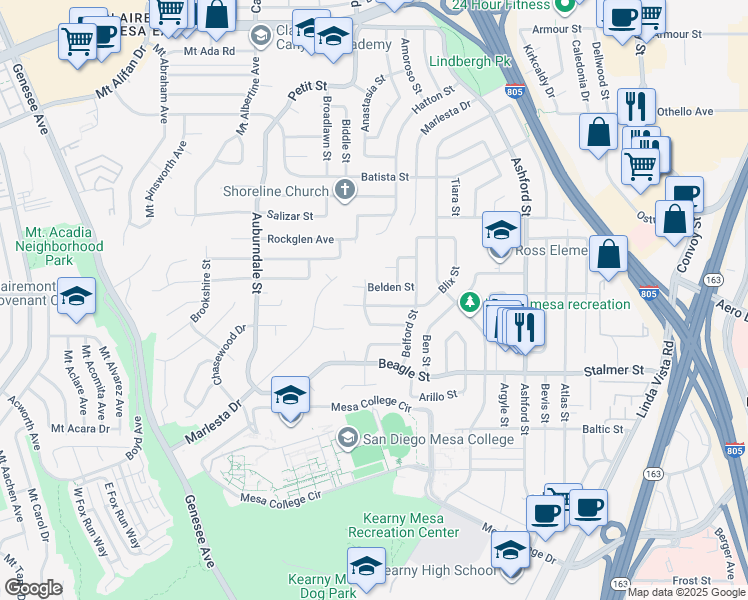 map of restaurants, bars, coffee shops, grocery stores, and more near 7114 Astoria Street in San Diego