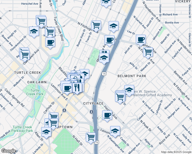 map of restaurants, bars, coffee shops, grocery stores, and more near 3930 McKinney Avenue in Dallas