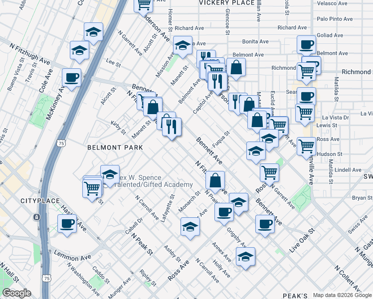map of restaurants, bars, coffee shops, grocery stores, and more near 2306 North Fitzhugh Avenue in Dallas