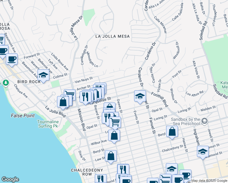 map of restaurants, bars, coffee shops, grocery stores, and more near 1124 Agate Street in San Diego