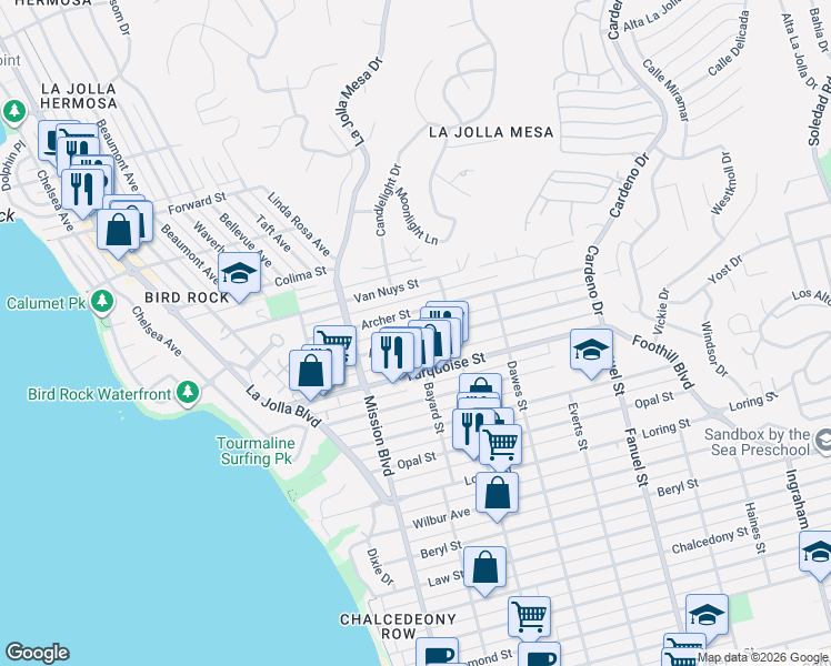 map of restaurants, bars, coffee shops, grocery stores, and more near 928 Agate Street in San Diego