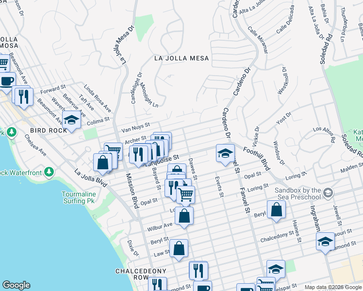 map of restaurants, bars, coffee shops, grocery stores, and more near 1044 Agate Street in San Diego