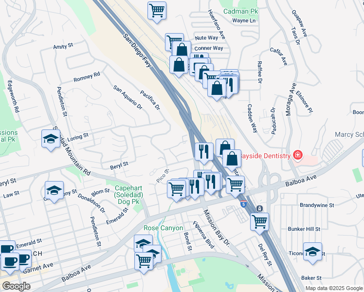 map of restaurants, bars, coffee shops, grocery stores, and more near 4887 Bella Pacific Row in San Diego