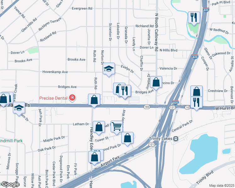 map of restaurants, bars, coffee shops, grocery stores, and more near 7424 Bridges Avenue in Richland Hills