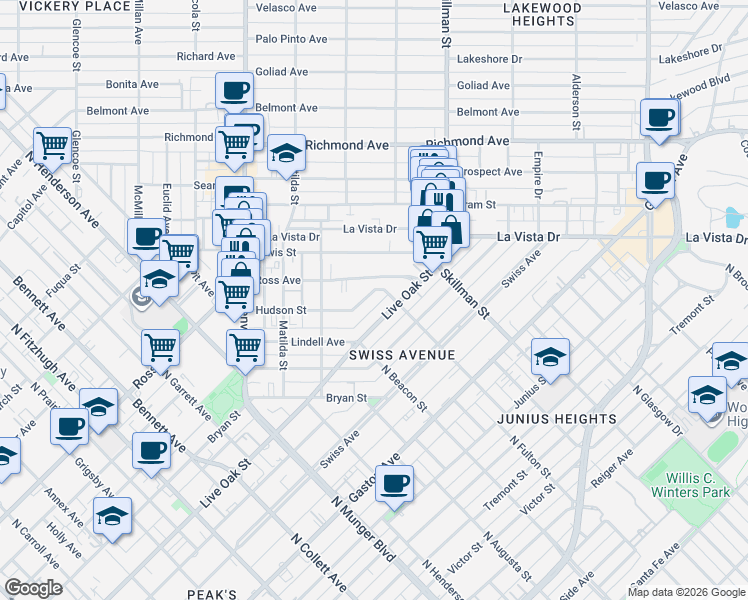 map of restaurants, bars, coffee shops, grocery stores, and more near 5946 Ross Avenue in Dallas