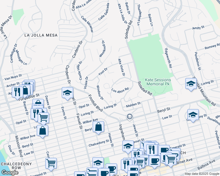 map of restaurants, bars, coffee shops, grocery stores, and more near 5114 Gordon Lane in San Diego