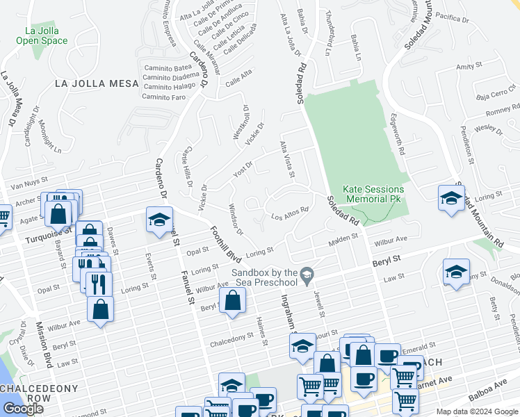 map of restaurants, bars, coffee shops, grocery stores, and more near 5108 Gordon Lane in San Diego