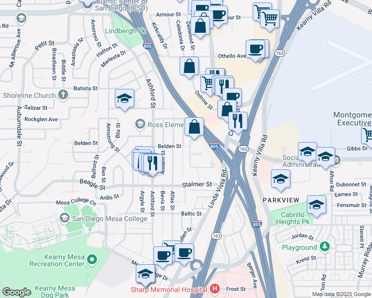 map of restaurants, bars, coffee shops, grocery stores, and more near 3675 Budd Street in San Diego