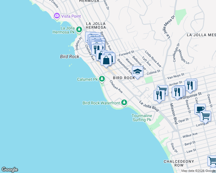 map of restaurants, bars, coffee shops, grocery stores, and more near 318 Colima Court in San Diego