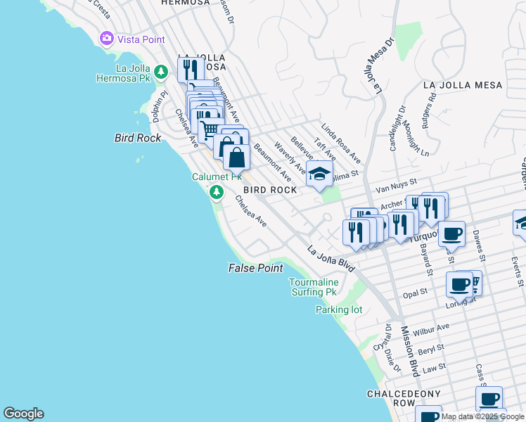 map of restaurants, bars, coffee shops, grocery stores, and more near 5370 La Jolla Boulevard in San Diego