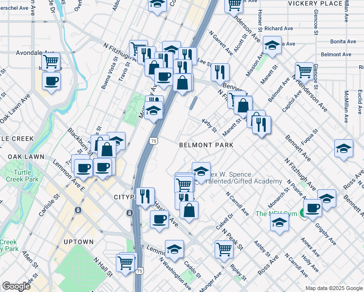 map of restaurants, bars, coffee shops, grocery stores, and more near 2803 North Carroll Avenue in Dallas