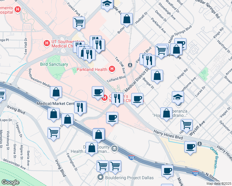 map of restaurants, bars, coffee shops, grocery stores, and more near 5118 Harry Hines Boulevard in Dallas