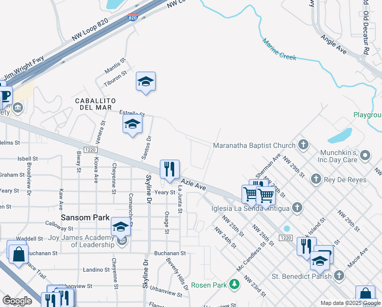 map of restaurants, bars, coffee shops, grocery stores, and more near 5050 Azle Avenue in Fort Worth